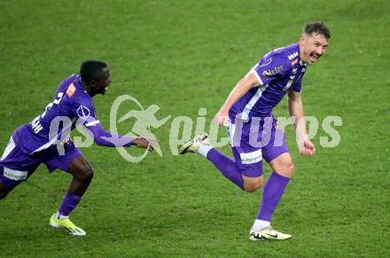 Fussball Bundesliga. SK Austria Klagenfurt gegen Rapid Wien.  Torjubel Christopher Wernitznig, Solomon Bonnah (Klagenfurt). Klagenfurt, am 10.3.2024.
Foto: Kuess
www.qspictures.net
---
pressefotos, pressefotografie, kuess, qs, qspictures, sport, bild, bilder, bilddatenbank