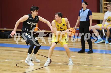 Basketball 2. Liga 2023/2024. Playoffs. VF-033.  Woerthersee Piraten gegen Guessing Blackbirds.  Jan-Arne Apschner  (Piraten),    Bernhard Koch (Guessing). Klagenfurt, am 16.3.2024.
Foto: Kuess

---
pressefotos, pressefotografie, kuess, qs, qspictures, sport, bild, bilder, bilddatenbank