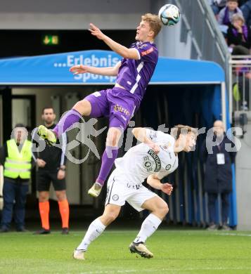 Fussball Bundesliga. SK Austria Klagenfurt gegen SK Puntigamer Sturm Graz.  Nicolas Binder,  (Klagenfurt),  David Affengruber (Graz).  Klagenfurt, am 17.3.2024.
Foto: Kuess
www.qspictures.net
---
pressefotos, pressefotografie, kuess, qs, qspictures, sport, bild, bilder, bilddatenbank