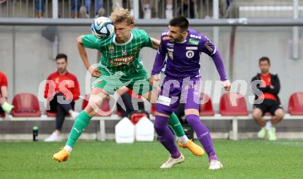 Fussball Bundesliga. SK Austria Klagenfurt gegen SK Rapid Wien.    Anton Maglica,  (Klagenfurt),  Leopold Querfeld (Rapid).  Klagenfurt, am 12.5.2024.
Foto: Kuess
www.qspictures.net
---
pressefotos, pressefotografie, kuess, qs, qspictures, sport, bild, bilder, bilddatenbank