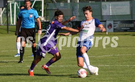 Fussball Testspiel. SK Austria Klagenfurt gegen Treibach.  Ben Bobzien (Klagenfurt), Marius Maierhofer (Treibach).  Gurnitz, am 28.6.2024.
Foto: Kuess
www.qspictures.net
---
pressefotos, pressefotografie, kuess, qs, qspictures, sport, bild, bilder, bilddatenbank