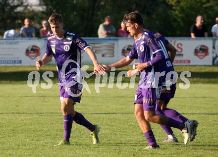 Fussball Testspiel. SK Austria Klagenfurt gegen Treibach.  Torjubel Laurenz Dehl, Phillip Wydra (Klagenfurt).  Gurnitz, am 28.6.2024.
Foto: Kuess
www.qspictures.net
---
pressefotos, pressefotografie, kuess, qs, qspictures, sport, bild, bilder, bilddatenbank