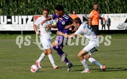 Fussball Testspiel. SK Austria Klagenfurt gegen Leoben.  Sebastian Guerra Soto,  (Klagenfurt), Ntenis Thomai, Nico Pichler  (Leoben). Glanegg, am 17.7.2024.
Foto: Kuess
www.qspictures.net
---
pressefotos, pressefotografie, kuess, qs, qspictures, sport, bild, bilder, bilddatenbank