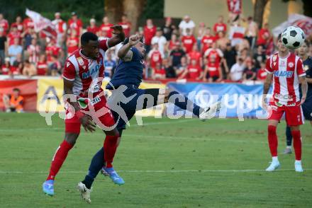 Fussball OEFB Cup. Velden gegen GAK.  Roland Putsche (Velden),  Michael Cheukoua (GAK). Villach, am 26.7.2024.
Foto: Kuess
www.qspictures.net
---
pressefotos, pressefotografie, kuess, qs, qspictures, sport, bild, bilder, bilddatenbank