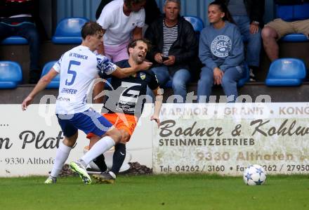 Fussball. Regionalliga. Treibach gegen SPG Wallern/St. Marienkirchen.  Marius Leo Maierhofer (Treibach),  Philipp Huspek (Wallern). Villach, am 2.8.2024.
Foto: Kuess
www.qspictures.net
---
pressefotos, pressefotografie, kuess, qs, qspictures, sport, bild, bilder, bilddatenbank