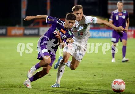 Fussball Bundesliga. WAC gegen SK Austria Klagenfurt.  Ervin Omic,  (WAC), Ben Bobzien  (Klagenfurt).  Wolfsberg, am 3.8.2024.
Foto: Kuess
www.qspictures.net
---
pressefotos, pressefotografie, kuess, qs, qspictures, sport, bild, bilder, bilddatenbank