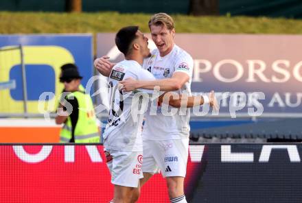 Fussball Bundesliga. WAC gegen SK Austria Klagenfurt. Torjubel Simon Piesinger, Dejan Zukic  (WAC),     Wolfsberg, am 3.8.2024.
Foto: Kuess
www.qspictures.net
---
pressefotos, pressefotografie, kuess, qs, qspictures, sport, bild, bilder, bilddatenbank