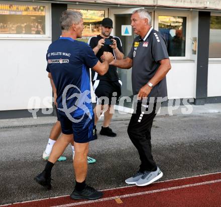 Fussball Bundesliga. WAC gegen SK Austria Klagenfurt. Trainer Dietmar Kuehbauer,   (WAC),  Trainer Peter Pacult. (Klagenfurt).  Wolfsberg, am 3.8.2024.
Foto: Kuess
www.qspictures.net
---
pressefotos, pressefotografie, kuess, qs, qspictures, sport, bild, bilder, bilddatenbank