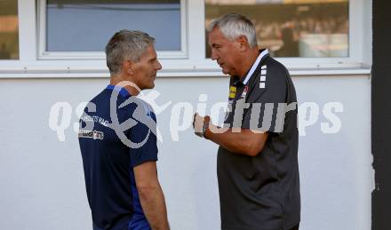 Fussball Bundesliga. WAC gegen SK Austria Klagenfurt. Trainer Dietmar Kuehbauer,   (WAC),  Trainer Peter Pacult. (Klagenfurt).  Wolfsberg, am 3.8.2024.
Foto: Kuess
www.qspictures.net
---
pressefotos, pressefotografie, kuess, qs, qspictures, sport, bild, bilder, bilddatenbank