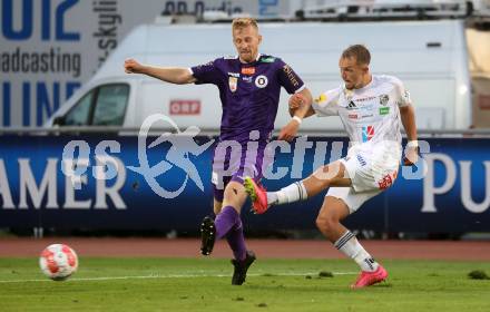 Fussball Bundesliga. WAC gegen SK Austria Klagenfurt. Angelo Gattermayer,  (WAC), Christopher CVetko    (Klagenfurt).  Wolfsberg, am 3.8.2024.
Foto: Kuess
www.qspictures.net
---
pressefotos, pressefotografie, kuess, qs, qspictures, sport, bild, bilder, bilddatenbank