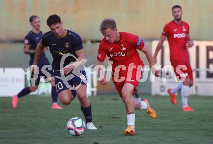 Fussball Kaerntner Liga. SAK gegen Velden.  Marjan Ogris-Martic (SAK),  Alessandro Kiko (Velden). Welzenegg, am 10.8.2024.
Foto: Kuess
www.qspictures.net
---
pressefotos, pressefotografie, kuess, qs, qspictures, sport, bild, bilder, bilddatenbank