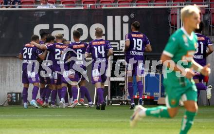 Fussball Bundesliga. SK Austria Klagenfurt gegen SK Rapid. Torjubel Ben Bobzien   (Klagenfurt).  Klagenfurt, am 11.8.2024.
Foto: Kuess
www.qspictures.net
---
pressefotos, pressefotografie, kuess, qs, qspictures, sport, bild, bilder, bilddatenbank