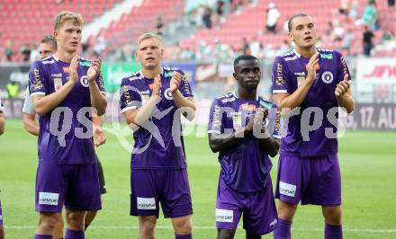 Fussball Bundesliga. SK Austria Klagenfurt gegen SK Rapid. Nicolas Binder, Jonas Kuehn, Solomon Bonnah, Niklas Szerencsi (Klagenfurt).  Klagenfurt, am 11.8.2024.
Foto: Kuess
www.qspictures.net
---
pressefotos, pressefotografie, kuess, qs, qspictures, sport, bild, bilder, bilddatenbank