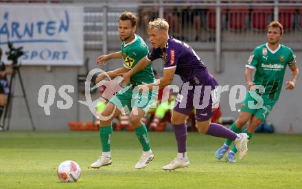 Fussball Bundesliga. SK Austria Klagenfurt gegen SK Rapid. Jonas Kuehn, (Klagenfurt),  Louis Schaub  (Rapid).  Klagenfurt, am 11.8.2024.
Foto: Kuess
www.qspictures.net
---
pressefotos, pressefotografie, kuess, qs, qspictures, sport, bild, bilder, bilddatenbank