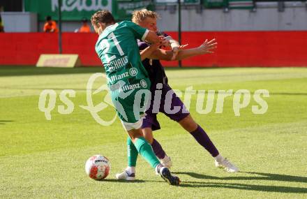 Fussball Bundesliga. SK Austria Klagenfurt gegen SK Rapid.  Jonas Kuehn, (Klagenfurt), Louis Schaub  (Rapid).  Klagenfurt, am 11.8.2024.
Foto: Kuess
www.qspictures.net
---
pressefotos, pressefotografie, kuess, qs, qspictures, sport, bild, bilder, bilddatenbank