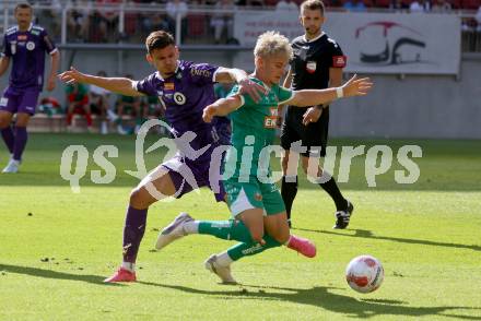 Fussball Bundesliga. SK Austria Klagenfurt gegen SK Rapid. David Toshevski, (Klagenfurt),  Moritz Oswald  (Rapid).  Klagenfurt, am 11.8.2024.
Foto: Kuess
www.qspictures.net
---
pressefotos, pressefotografie, kuess, qs, qspictures, sport, bild, bilder, bilddatenbank