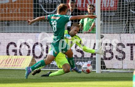 Fussball Bundesliga. SK Austria Klagenfurt gegen SK Rapid. Marco Knaller, (Klagenfurt),  Matthias Seidl  (Rapid).  Klagenfurt, am 11.8.2024.
Foto: Kuess
www.qspictures.net
---
pressefotos, pressefotografie, kuess, qs, qspictures, sport, bild, bilder, bilddatenbank