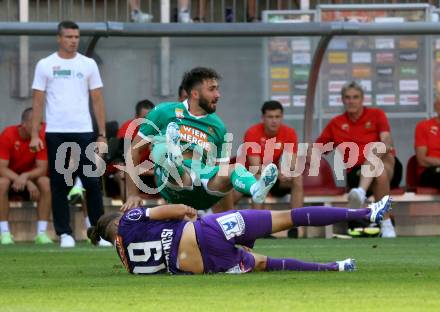 Fussball Bundesliga. SK Austria Klagenfurt gegen SK Rapid. Niklas Szerencsi,  (Klagenfurt), Dion Drena Beljo  (Rapid).  Klagenfurt, am 11.8.2024.
Foto: Kuess
www.qspictures.net
---
pressefotos, pressefotografie, kuess, qs, qspictures, sport, bild, bilder, bilddatenbank