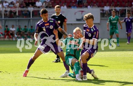 Fussball Bundesliga. SK Austria Klagenfurt gegen SK Rapid.  David Toshevski, Jannik Robatsch, (Klagenfurt), Moritz Oswald  (Rapid).  Klagenfurt, am 11.8.2024.
Foto: Kuess
www.qspictures.net
---
pressefotos, pressefotografie, kuess, qs, qspictures, sport, bild, bilder, bilddatenbank