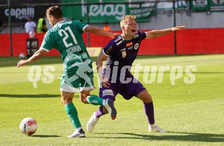 Fussball Bundesliga. SK Austria Klagenfurt gegen SK Rapid. Jonas Kuehn, (Klagenfurt),  Louis Schaub  (Rapid).  Klagenfurt, am 11.8.2024.
Foto: Kuess
www.qspictures.net
---
pressefotos, pressefotografie, kuess, qs, qspictures, sport, bild, bilder, bilddatenbank