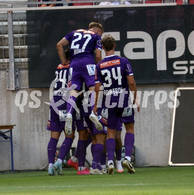 Fussball Bundesliga. SK Austria Klagenfurt gegen SK Rapid. Torjubel Ben Bobzien   (Klagenfurt).  Klagenfurt, am 11.8.2024.
Foto: Kuess
www.qspictures.net
---
pressefotos, pressefotografie, kuess, qs, qspictures, sport, bild, bilder, bilddatenbank