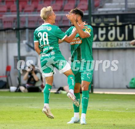 Fussball Bundesliga. SK Austria Klagenfurt gegen SK Rapid.  Torjubel Moritz Oswald, Dion Drena Beljo (Rapid).  Klagenfurt, am 11.8.2024.
Foto: Kuess
www.qspictures.net
---
pressefotos, pressefotografie, kuess, qs, qspictures, sport, bild, bilder, bilddatenbank