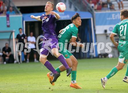 Fussball Bundesliga. SK Austria Klagenfurt gegen SK Rapid. Christopher Cvetko,  (Klagenfurt),  Furkan Dursun (Rapid).  Klagenfurt, am 11.8.2024.
Foto: Kuess
www.qspictures.net
---
pressefotos, pressefotografie, kuess, qs, qspictures, sport, bild, bilder, bilddatenbank