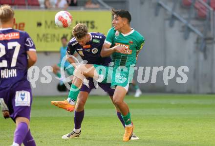 Fussball Bundesliga. SK Austria Klagenfurt gegen SK Rapid. Jannik Robatsch, (Klagenfurt),  Furkan Dursun  (Rapid).  Klagenfurt, am 11.8.2024.
Foto: Kuess
www.qspictures.net
---
pressefotos, pressefotografie, kuess, qs, qspictures, sport, bild, bilder, bilddatenbank