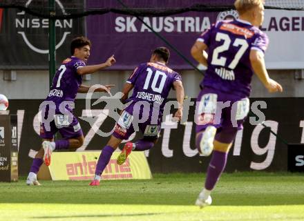 Fussball Bundesliga. SK Austria Klagenfurt gegen SK Rapid.  Torjubel Ben Bobzien, David Toshevski (Klagenfurt).  Klagenfurt, am 11.8.2024.
Foto: Kuess
www.qspictures.net
---
pressefotos, pressefotografie, kuess, qs, qspictures, sport, bild, bilder, bilddatenbank