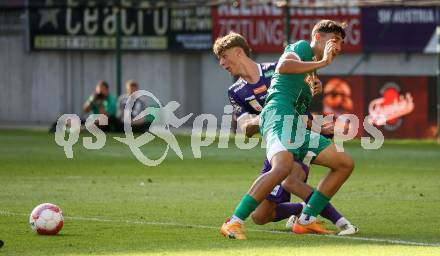 Fussball Bundesliga. SK Austria Klagenfurt gegen SK Rapid. Jannik Robatsch,  (Klagenfurt), Furkan Dursun  (Rapid).  Klagenfurt, am 11.8.2024.
Foto: Kuess
www.qspictures.net
---
pressefotos, pressefotografie, kuess, qs, qspictures, sport, bild, bilder, bilddatenbank