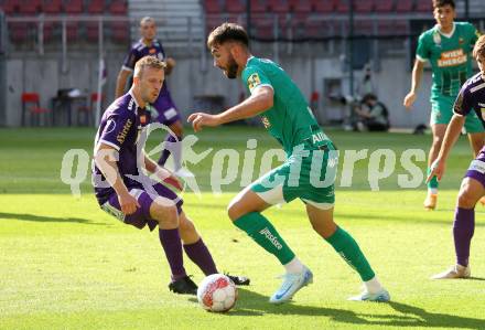 Fussball Bundesliga. SK Austria Klagenfurt gegen SK Rapid. Christopher Cvetko, (Klagenfurt),  Dion Drena Beljo  (Rapid).  Klagenfurt, am 11.8.2024.
Foto: Kuess
www.qspictures.net
---
pressefotos, pressefotografie, kuess, qs, qspictures, sport, bild, bilder, bilddatenbank