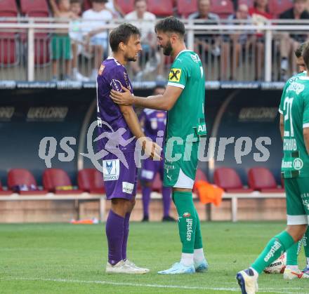 Fussball Bundesliga. SK Austria Klagenfurt gegen SK Rapid. Thorsten Mahrer,  (Klagenfurt), Dion Drena Beljo  (Rapid).  Klagenfurt, am 11.8.2024.
Foto: Kuess
www.qspictures.net
---
pressefotos, pressefotografie, kuess, qs, qspictures, sport, bild, bilder, bilddatenbank