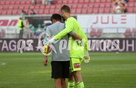 Fussball Bundesliga. SK Austria Klagenfurt gegen SK Rapid.  Tormanntrainer Marc Lamberger, Marco Knaller (Klagenfurt).  Klagenfurt, am 11.8.2024.
Foto: Kuess
www.qspictures.net
---
pressefotos, pressefotografie, kuess, qs, qspictures, sport, bild, bilder, bilddatenbank