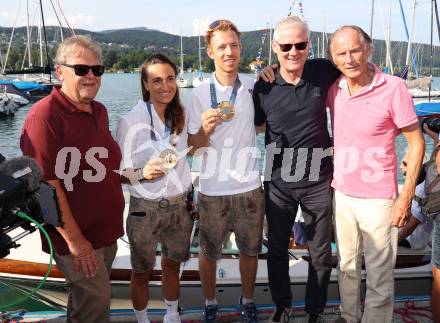 Segeln. Empfang Olympiasiegerin Lara Vadlau.   Gilbert Isepp, Lara Vadlau, Lukas Maehr, Werner Pietsch. Velden, am 15.8.2024.
Foto: Kuess
www.qspictures.net
---
pressefotos, pressefotografie, kuess, qs, qspictures, sport, bild, bilder, bilddatenbank