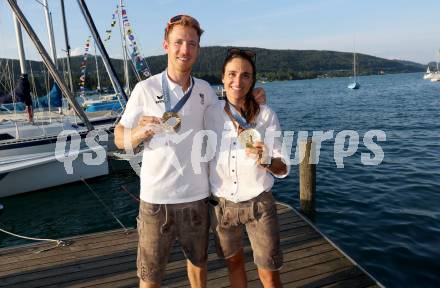 Segeln. Empfang Olympiasiegerin Lara Vadlau.   Lukas Maehr, Lara Vadlau. Velden, am 15.8.2024.
Foto: Kuess
www.qspictures.net
---
pressefotos, pressefotografie, kuess, qs, qspictures, sport, bild, bilder, bilddatenbank