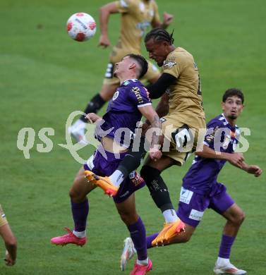 Fussball Bundesliga. SK Austria Klagenfurt gegen SK Puntigamer Sturm Graz. David Toshevski, (Klagenfurt), Emanuel Aiwu   (Graz).  Klagenfurt, am 17.8.2024.
Foto: Kuess
www.qspictures.net
---
pressefotos, pressefotografie, kuess, qs, qspictures, sport, bild, bilder, bilddatenbank