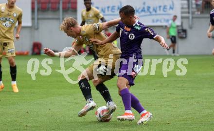 Fussball Bundesliga. SK Austria Klagenfurt gegen SK Puntigamer Sturm Graz. Tobias Koch,  (Klagenfurt), Mika Miles Biereth  (Graz).  Klagenfurt, am 17.8.2024.
Foto: Kuess
www.qspictures.net
---
pressefotos, pressefotografie, kuess, qs, qspictures, sport, bild, bilder, bilddatenbank