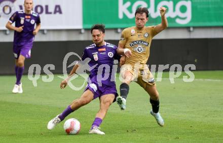 Fussball Bundesliga. SK Austria Klagenfurt gegen SK Puntigamer Sturm Graz. Simon Straudi,  (Klagenfurt), William Boving Vick  (Graz).  Klagenfurt, am 17.8.2024.
Foto: Kuess
www.qspictures.net
---
pressefotos, pressefotografie, kuess, qs, qspictures, sport, bild, bilder, bilddatenbank