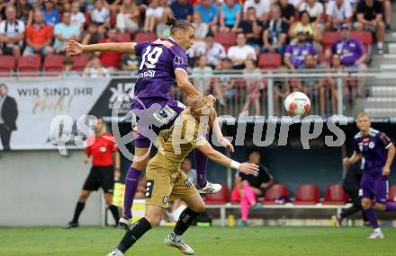 Fussball Bundesliga. SK Austria Klagenfurt gegen SK Puntigamer Sturm Graz. Niklas Szerencsi, (Klagenfurt),  Mika Miles Biereth  (Graz).  Klagenfurt, am 17.8.2024.
Foto: Kuess
www.qspictures.net
---
pressefotos, pressefotografie, kuess, qs, qspictures, sport, bild, bilder, bilddatenbank