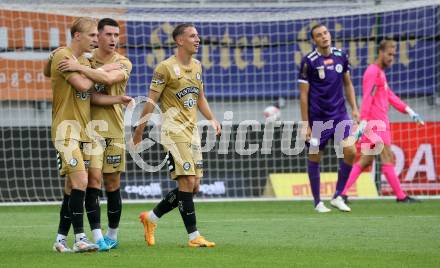 Fussball Bundesliga. SK Austria Klagenfurt gegen SK Puntigamer Sturm Graz.  Torjubel Mika Miles Biereth  (Graz).  Klagenfurt, am 17.8.2024.
Foto: Kuess
www.qspictures.net
---
pressefotos, pressefotografie, kuess, qs, qspictures, sport, bild, bilder, bilddatenbank