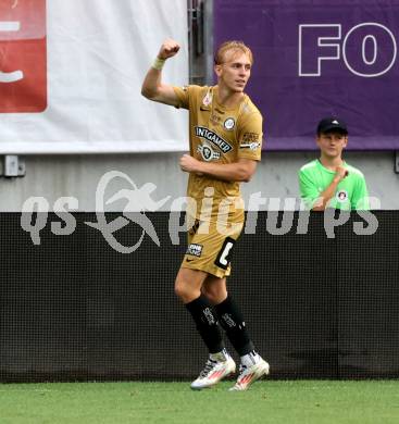 Fussball Bundesliga. SK Austria Klagenfurt gegen SK Puntigamer Sturm Graz. Torjubel Mika Miles Biereth  (Graz).  Klagenfurt, am 17.8.2024.
Foto: Kuess
www.qspictures.net
---
pressefotos, pressefotografie, kuess, qs, qspictures, sport, bild, bilder, bilddatenbank