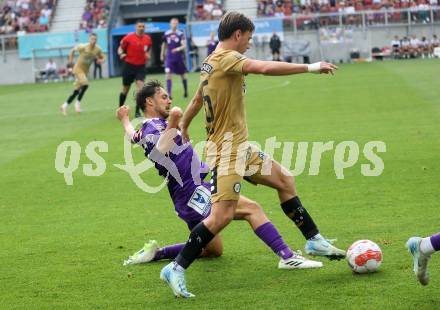 Fussball Bundesliga. SK Austria Klagenfurt gegen SK Puntigamer Sturm Graz.  Simon Straudi, (Klagenfurt),  William Boving Vick  (Graz).  Klagenfurt, am 17.8.2024.
Foto: Kuess
www.qspictures.net
---
pressefotos, pressefotografie, kuess, qs, qspictures, sport, bild, bilder, bilddatenbank