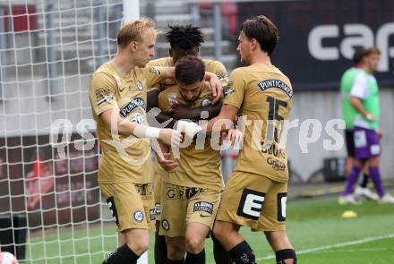 Fussball Bundesliga. SK Austria Klagenfurt gegen SK Puntigamer Sturm Graz. Torjubel Otari Kiteishvili   (Graz).  Klagenfurt, am 17.8.2024.
Foto: Kuess
www.qspictures.net
---
pressefotos, pressefotografie, kuess, qs, qspictures, sport, bild, bilder, bilddatenbank