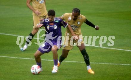 Fussball Bundesliga. SK Austria Klagenfurt gegen SK Puntigamer Sturm Graz. Ben Bobzien,  (Klagenfurt),  Emanuel Aiwu (Graz).  Klagenfurt, am 17.8.2024.
Foto: Kuess
www.qspictures.net
---
pressefotos, pressefotografie, kuess, qs, qspictures, sport, bild, bilder, bilddatenbank