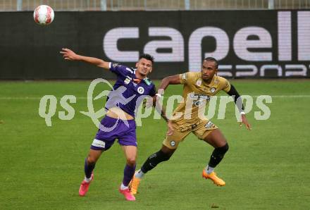 Fussball Bundesliga. SK Austria Klagenfurt gegen SK Puntigamer Sturm Graz. David Toshevski,  (Klagenfurt),  Emanuel Aiwu (Graz).  Klagenfurt, am 17.8.2024.
Foto: Kuess
www.qspictures.net
---
pressefotos, pressefotografie, kuess, qs, qspictures, sport, bild, bilder, bilddatenbank