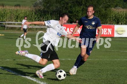 Fussball Kaerntner Liga. Velden gegen Bleiburg.  Mario Kroepfl (Velden),  Matheo Pichler (Bleiburg).  St. Egyden, am 24.8.2024.
Foto: Kuess
www.qspictures.net
---
pressefotos, pressefotografie, kuess, qs, qspictures, sport, bild, bilder, bilddatenbank