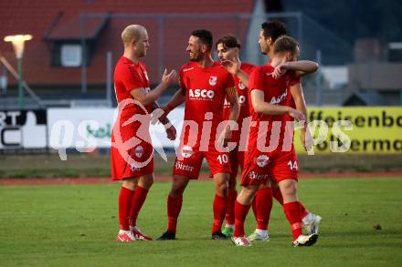 Fussball Kaerntner Liga. Voelkermarkt gegen ATSV Wolfsberg.  Torjubel Marcel Maximilian Stoni, Patrick Pfennich  (Wolfsberg). Voelkermarkt, am 30.8.2024.
Foto: Kuess
www.qspictures.net
---
pressefotos, pressefotografie, kuess, qs, qspictures, sport, bild, bilder, bilddatenbank