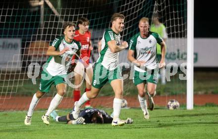 Fussball Kaerntner Liga. Voelkermarkt gegen ATSV Wolfsberg. Torjubel Lukas Urnik, Oliver Kuester, (Voelkermarkt),  Voelkermarkt, am 30.8.2024.
Foto: Kuess
www.qspictures.net
---
pressefotos, pressefotografie, kuess, qs, qspictures, sport, bild, bilder, bilddatenbank