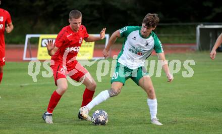 Fussball Kaerntner Liga. Voelkermarkt gegen ATSV Wolfsberg.Raphael Lukas Kulterer  (Voelkermarkt),   Urh Gresovnik (Wolfsberg). Voelkermarkt, am 30.8.2024.
Foto: Kuess
www.qspictures.net
---
pressefotos, pressefotografie, kuess, qs, qspictures, sport, bild, bilder, bilddatenbank