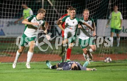 Fussball Kaerntner Liga. Voelkermarkt gegen ATSV Wolfsberg. Torjubel Lukas Urnik, Oliver Kuester, (Voelkermarkt),  Voelkermarkt, am 30.8.2024.
Foto: Kuess
www.qspictures.net
---
pressefotos, pressefotografie, kuess, qs, qspictures, sport, bild, bilder, bilddatenbank